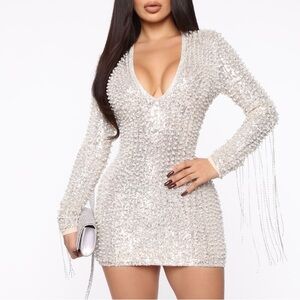 Fashion Nova Silver Sequin Long Sleeve Dress